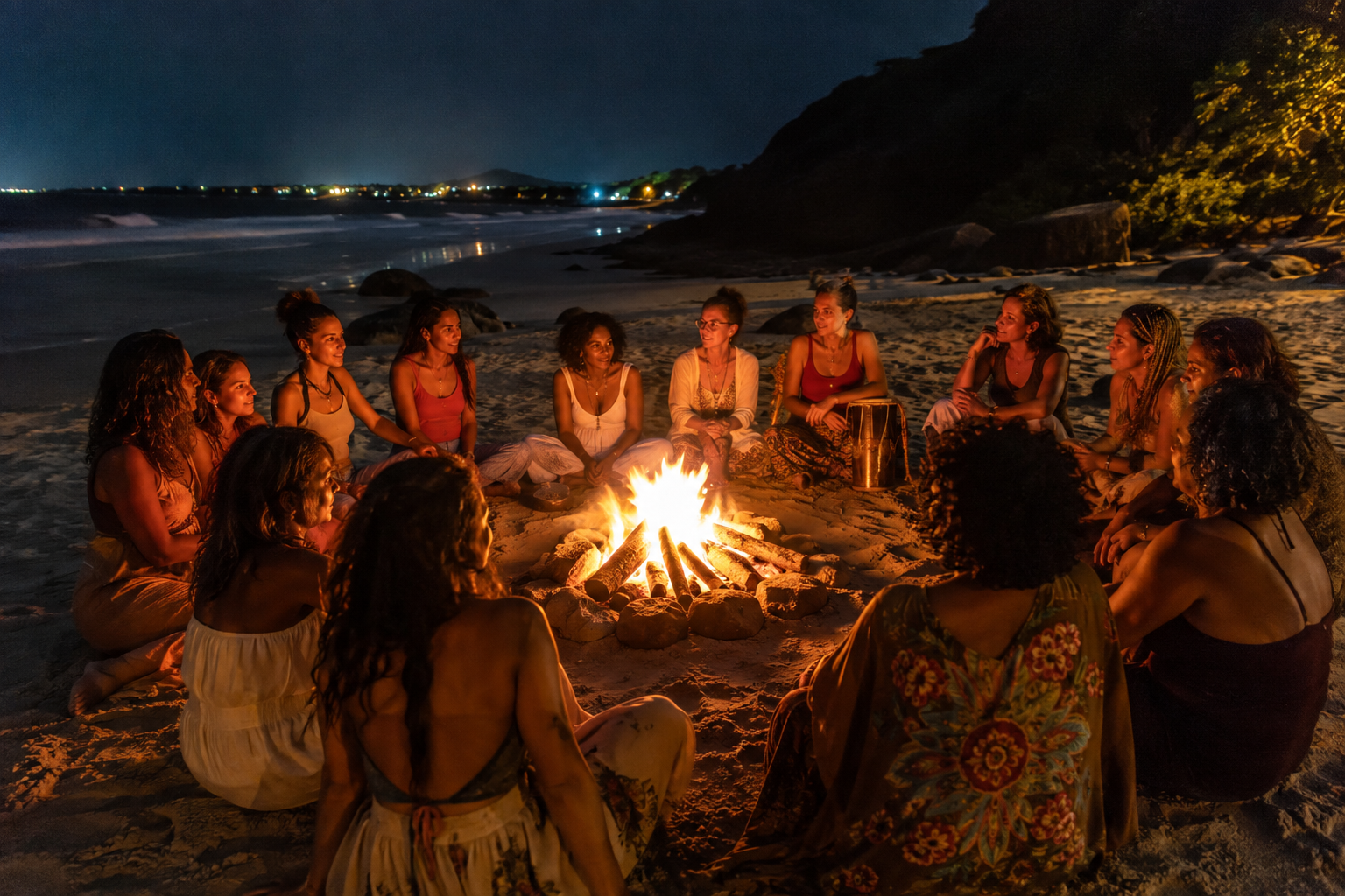 Mulheres reunidas em círculo ao redor de uma fogueira na praia ao anoitecer